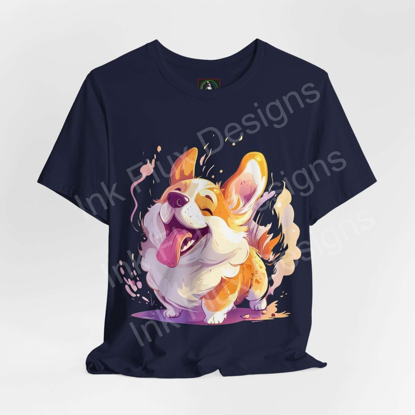 Navy blue graphic tee featuring a joyful corgi design in vibrant colors, perfect for dog lovers, from the Corgi Happiness collection by Bella+Canvas.