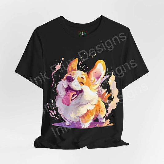 Black unisex jersey T-shirt featuring a vibrant graphic of a joyful Corgi in playful motion, perfect for dog lovers and graphic tee enthusiasts.