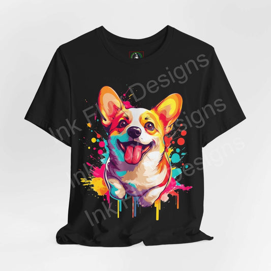 Black unisex T-shirt featuring a vibrant, colorful graphic of a smiling Corgi, ideal for dog lovers and graphic tee enthusiasts.
