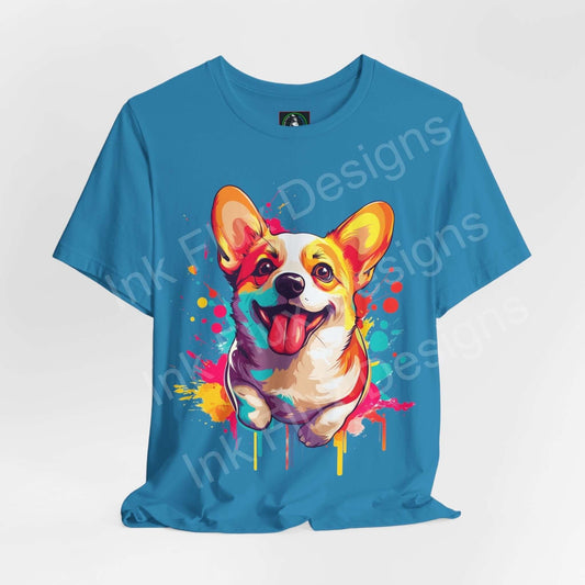 Vibrant blue unisex T-shirt featuring a colorful Corgi graphic design, ideal for dog lovers and stylish casual wear.