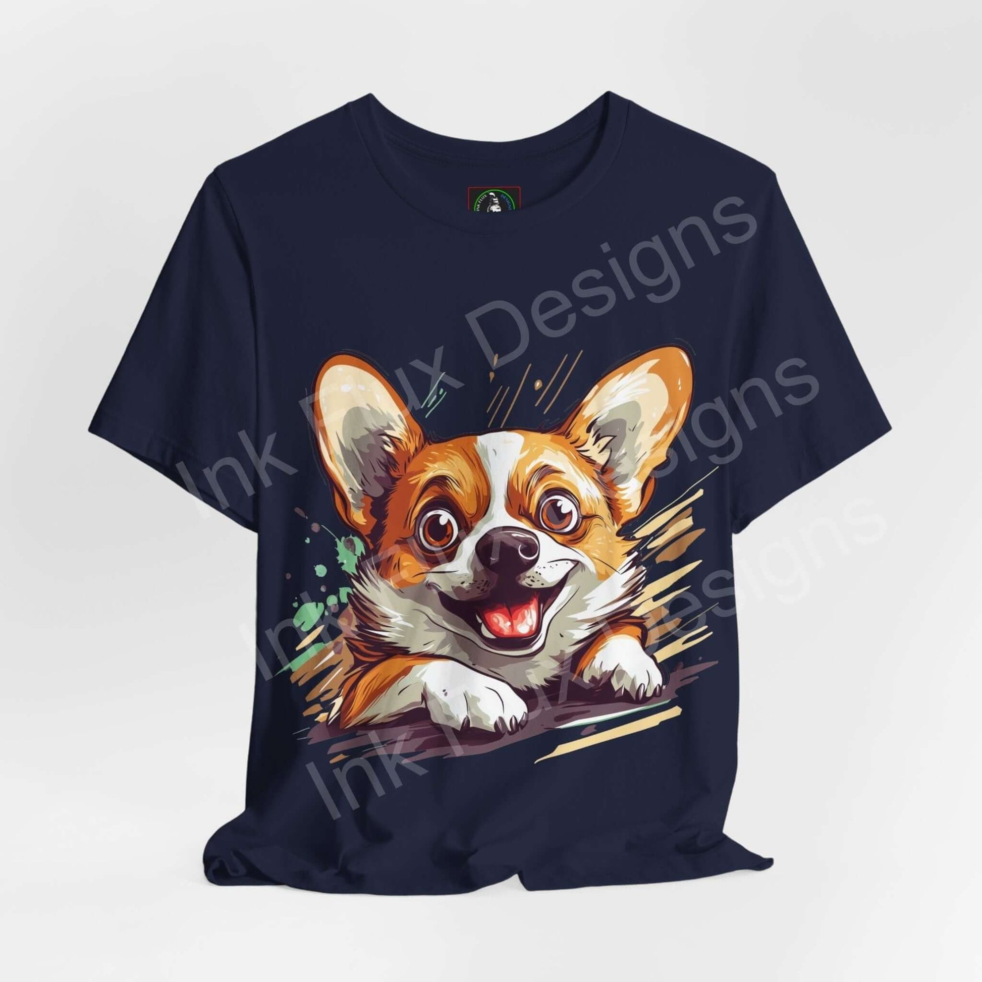 Navy blue unisex graphic tee featuring a vibrant Corgi design, made with breathable Airlume cotton, ideal for dog and T-shirt enthusiasts.