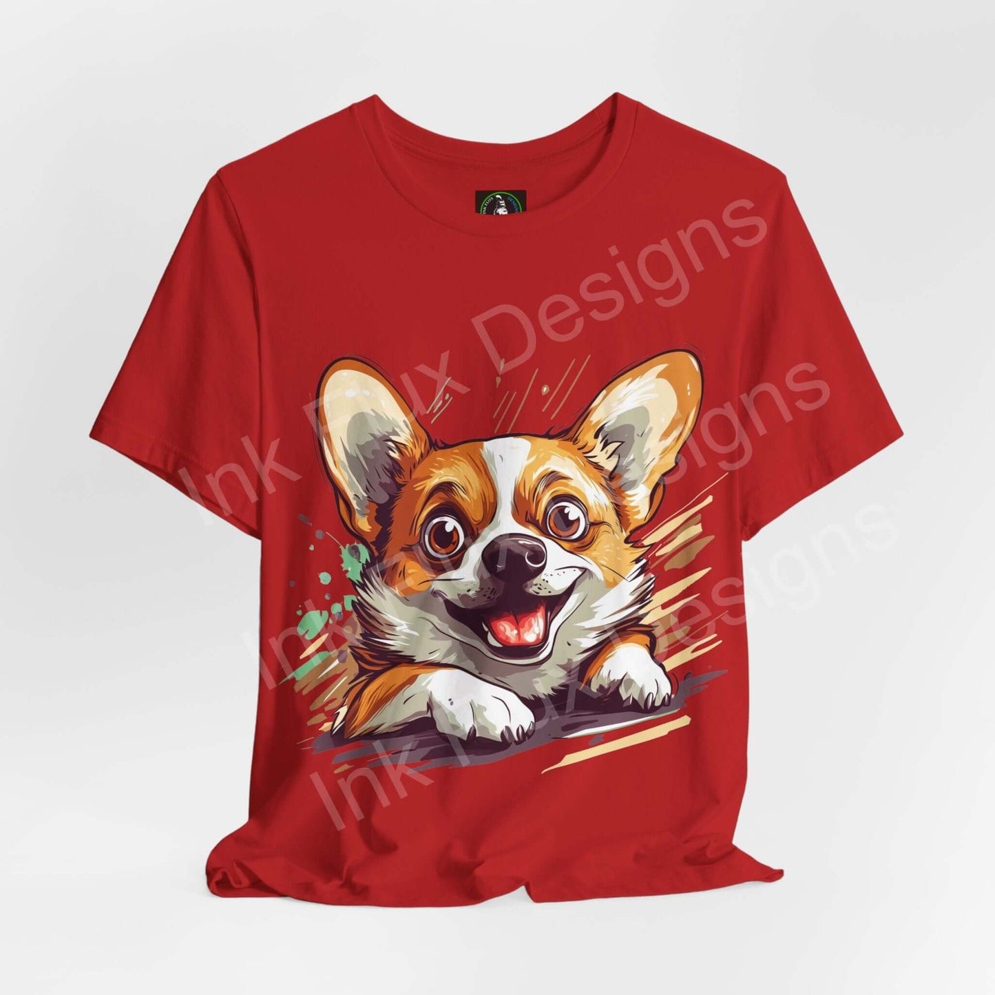 Red graphic tee featuring a playful Corgi design, ideal for dog lovers and t-shirt enthusiasts looking for a fun, stylish look.
