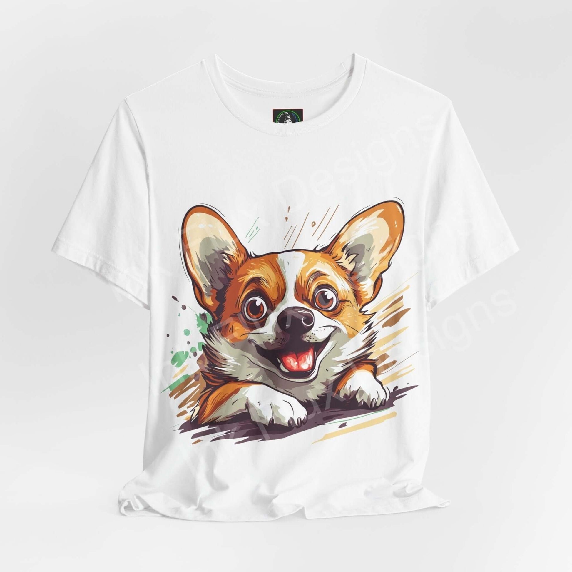 White unisex jersey T-shirt featuring a vibrant graphic of a Corgi, ideal for dog lovers and fashion enthusiasts.