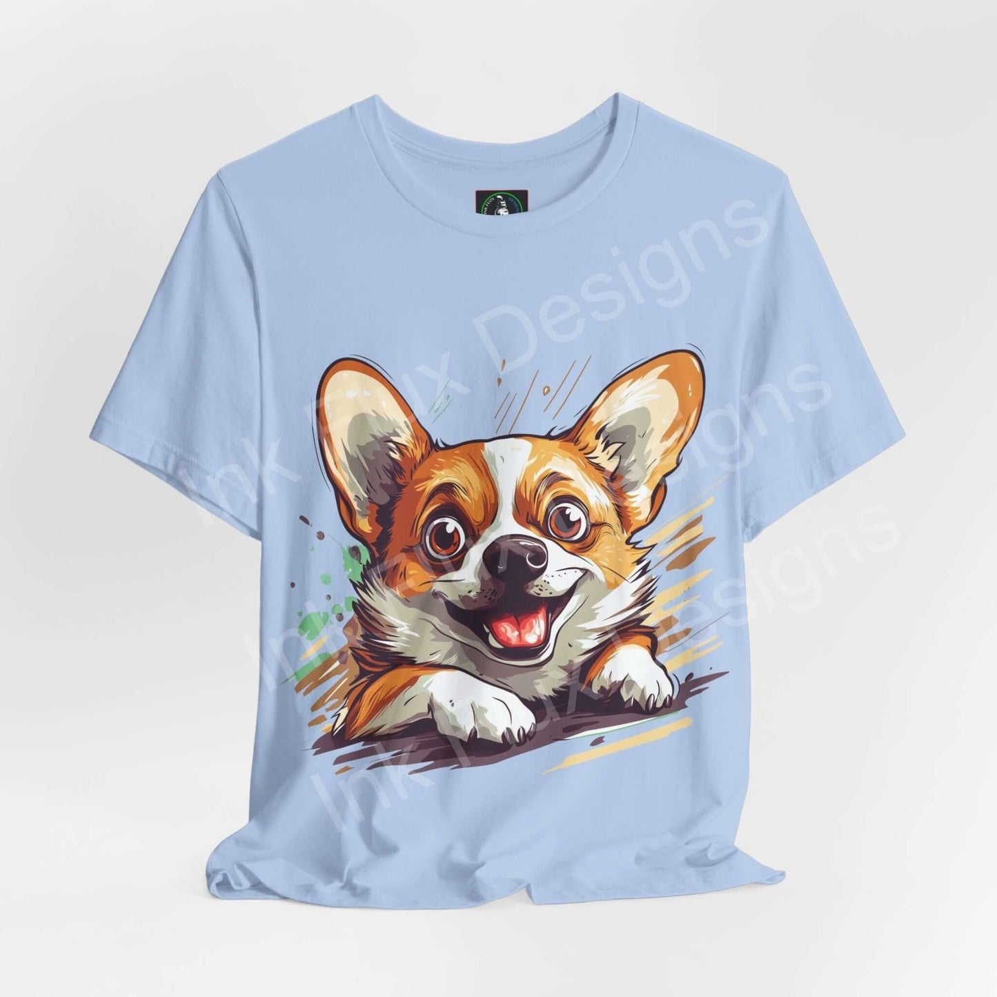 Light blue unisex graphic tee featuring a vibrant Corgi design, ideal for dog lovers and T-shirt enthusiasts.