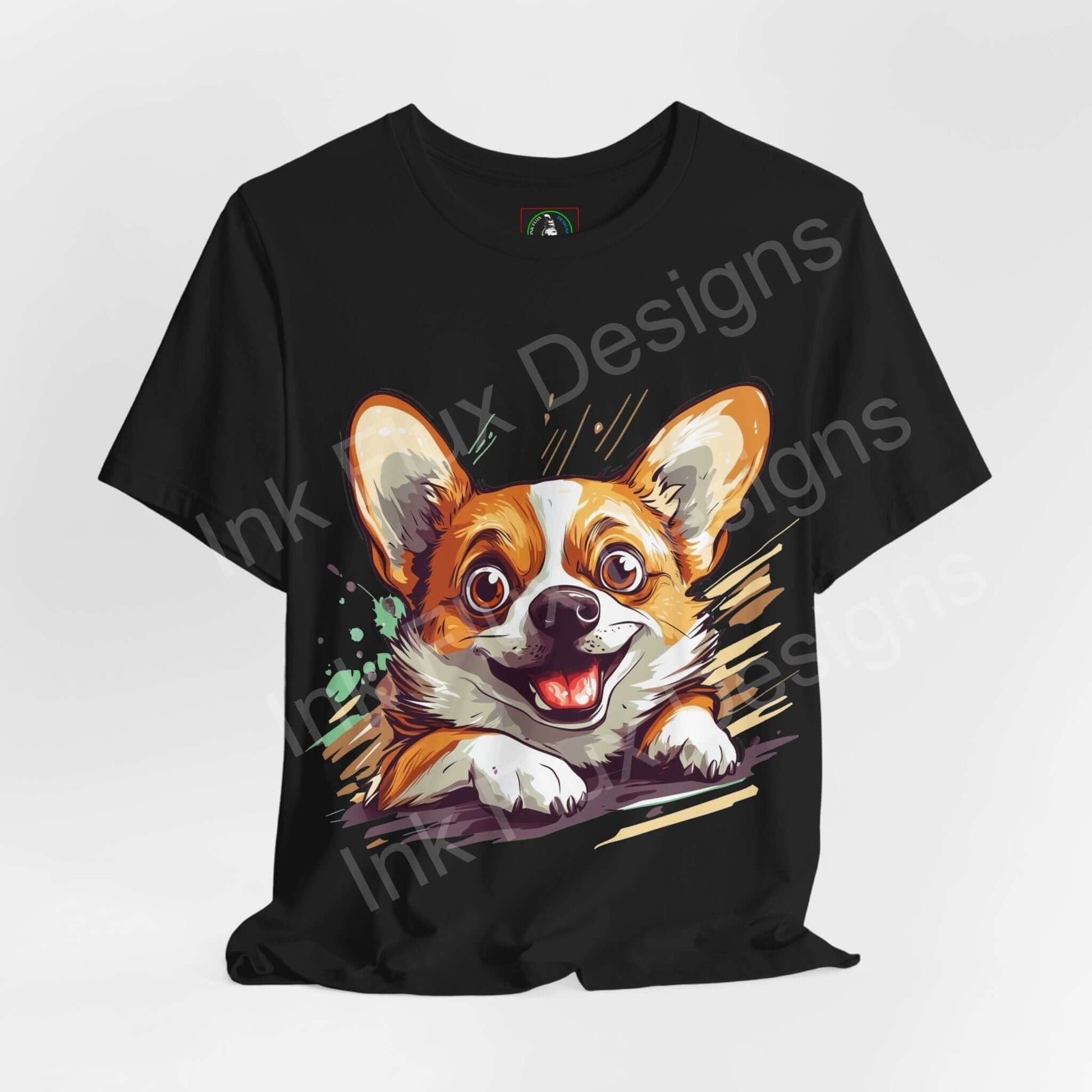 Black graphic tee featuring an animated Corgi design, highlighting playful dog artwork on a comfortable, stylish T-shirt.