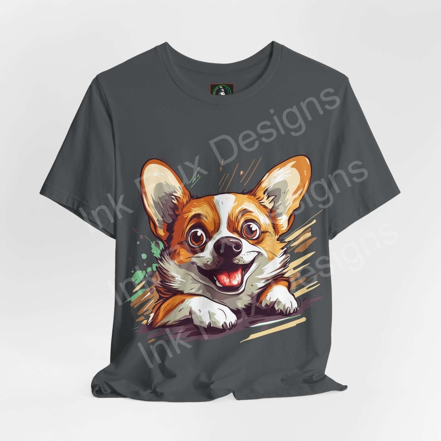 Unisex olive green graphic tee featuring a vibrant Corgi design, perfect for dog lovers, made from sustainable Airlume cotton.