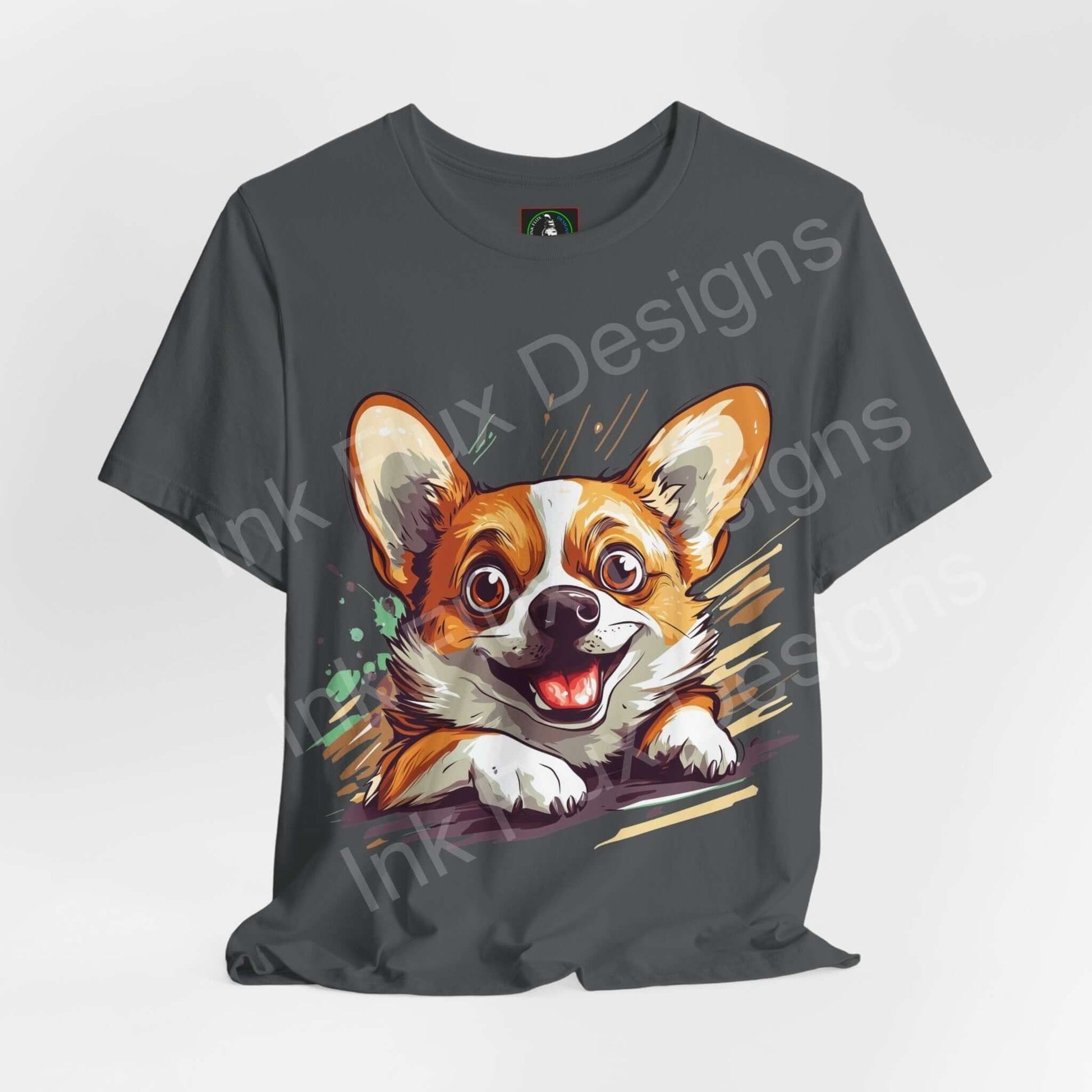 Unisex olive green graphic tee featuring a vibrant Corgi design, perfect for dog lovers, made from sustainable Airlume cotton.
