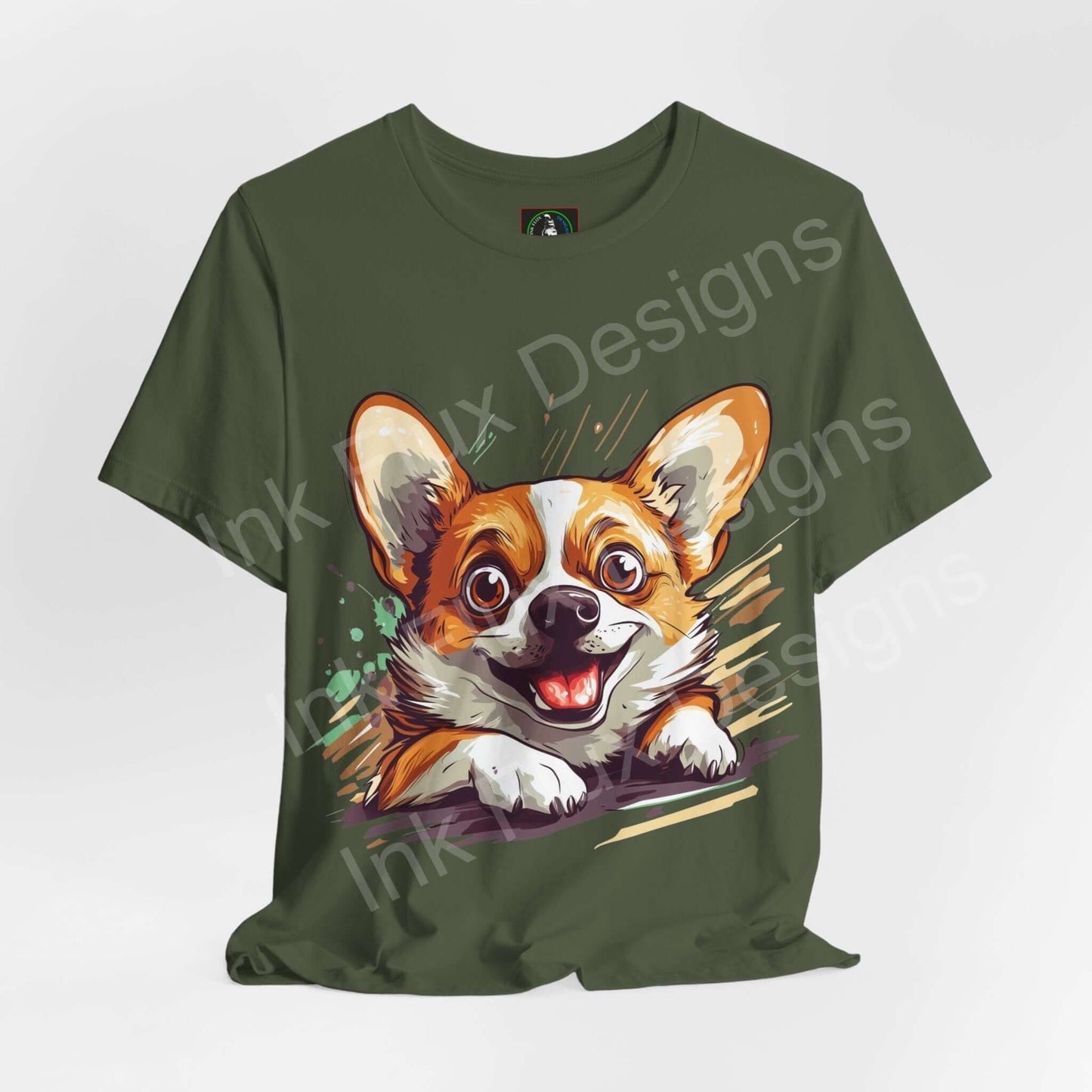 Green unisex graphic tee featuring a vibrant Corgi design, perfect for dog lovers, made from soft and sustainable Airlume cotton.