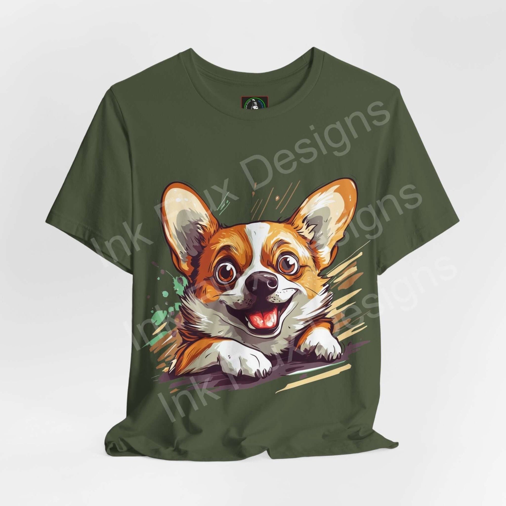 Green unisex graphic tee featuring a vibrant Corgi design, perfect for dog lovers, made from soft and sustainable Airlume cotton.