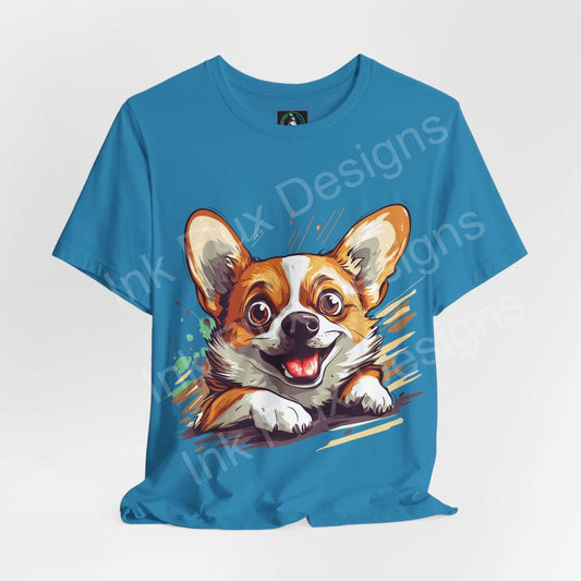 Vibrant blue unisex T-shirt featuring a playful graphic of a smiling corgi, crafted from breathable Airlume cotton, perfect for dog lovers.
