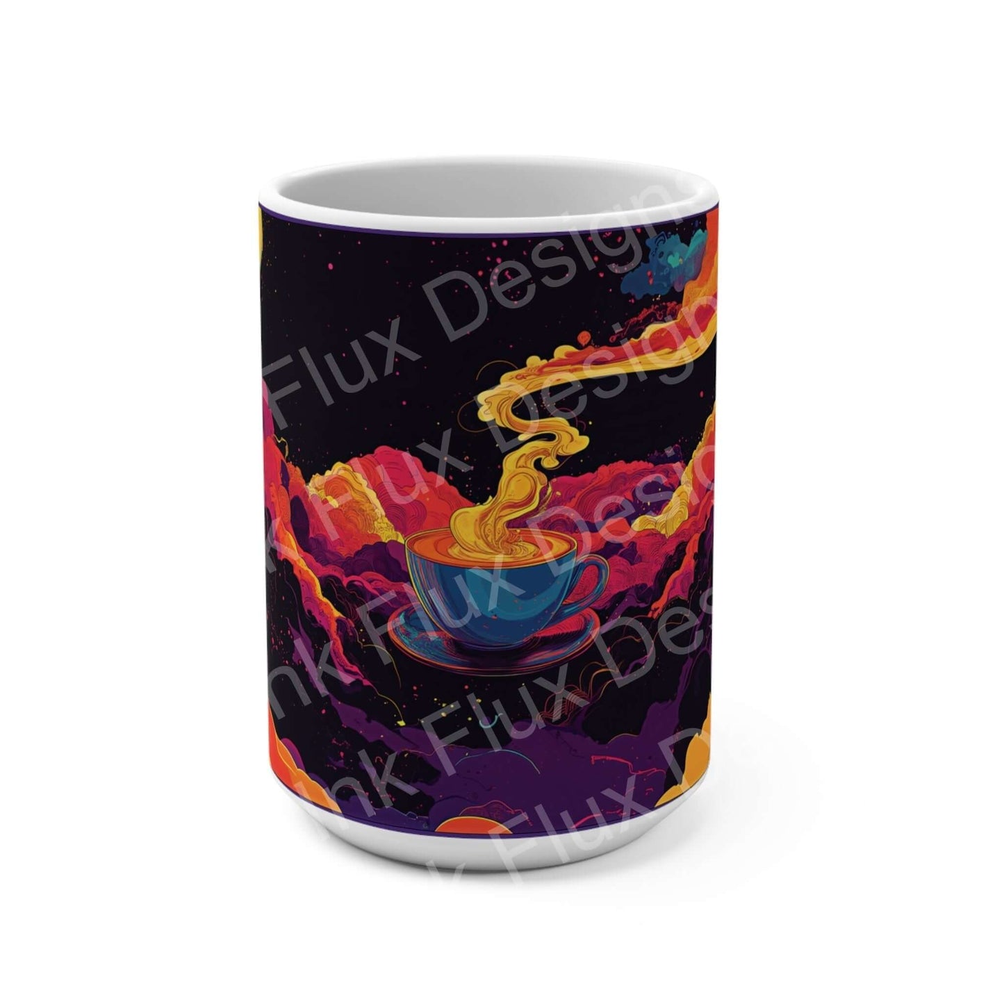 Cosmic Brew 15oz white ceramic coffee mug with colorful space-themed design and steaming coffee cup illustration, lead and BPA-free