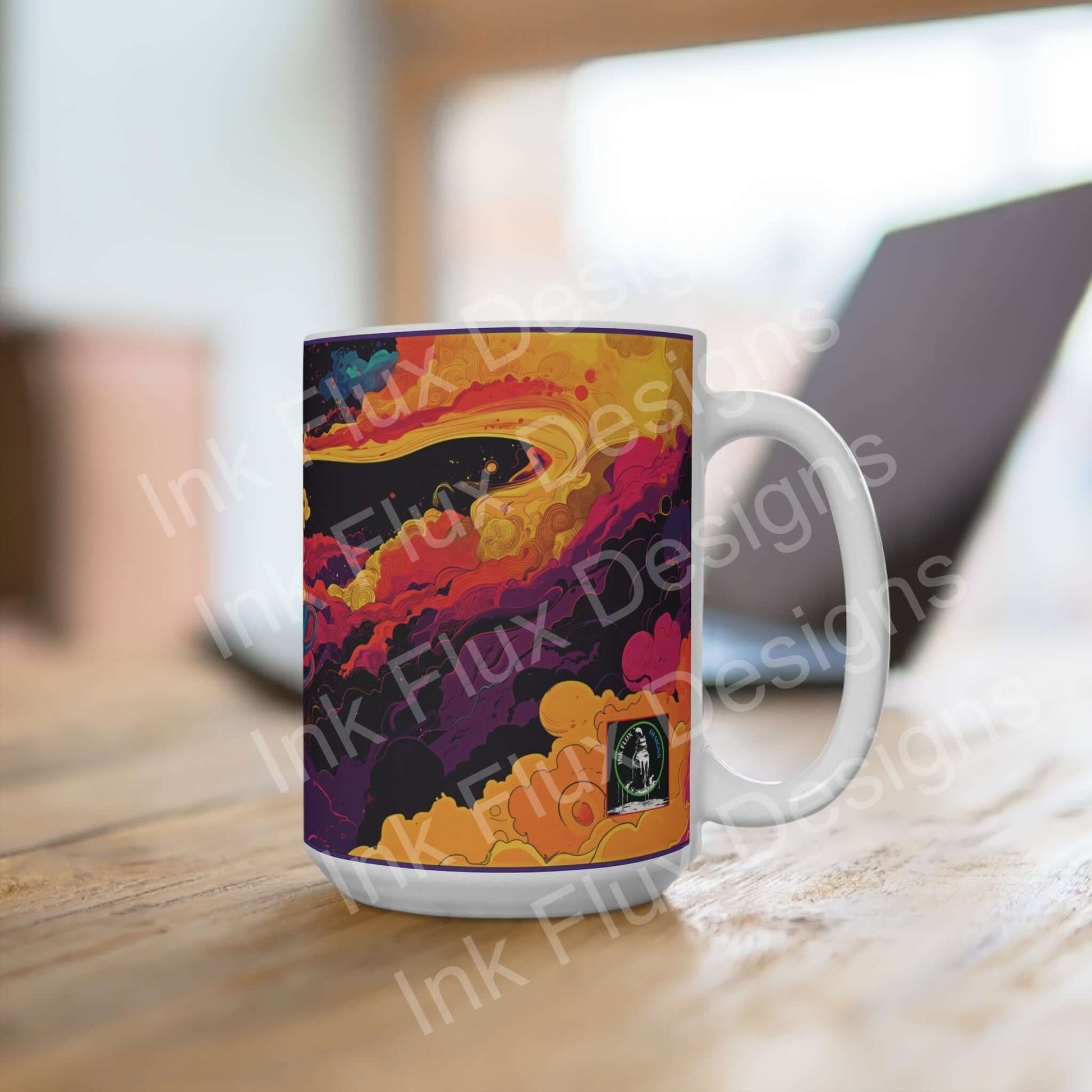 Colorful Cosmic Brew 15oz white ceramic coffee mug with vibrant abstract design on wooden table, lead and BPA-free with C-handle