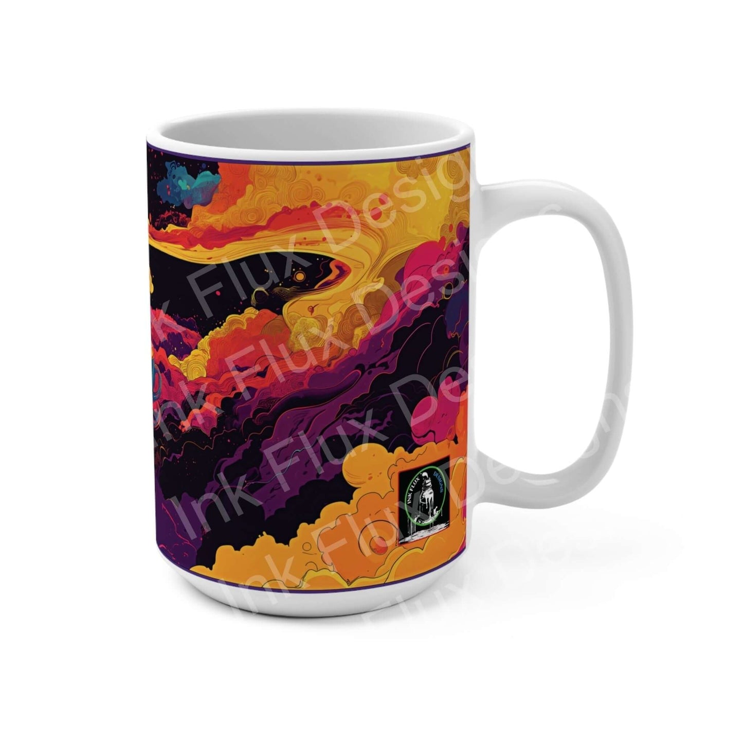 15oz Cosmic Brew white ceramic coffee mug with vibrant abstract cosmic design, rounded corners, and C-handle, lead and BPA-free.