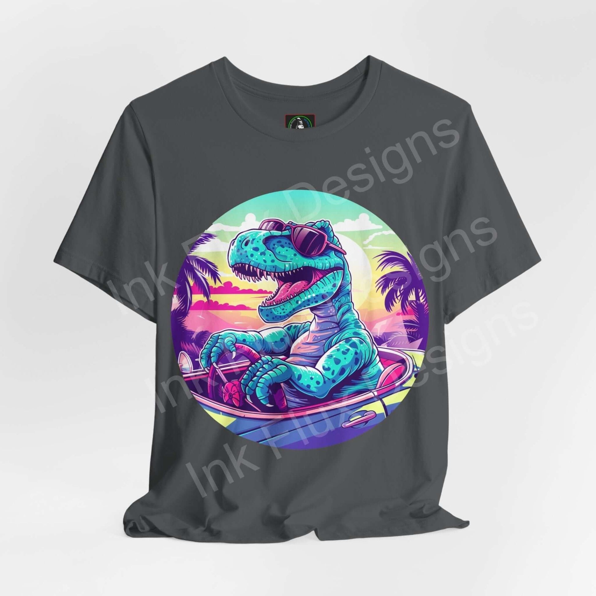 Unisex gray T-shirt with vibrant Cruising Dinosaur graphic, showcasing a stylized dinosaur in a neon tropical scene, perfect for graphic tee enthusiasts.
