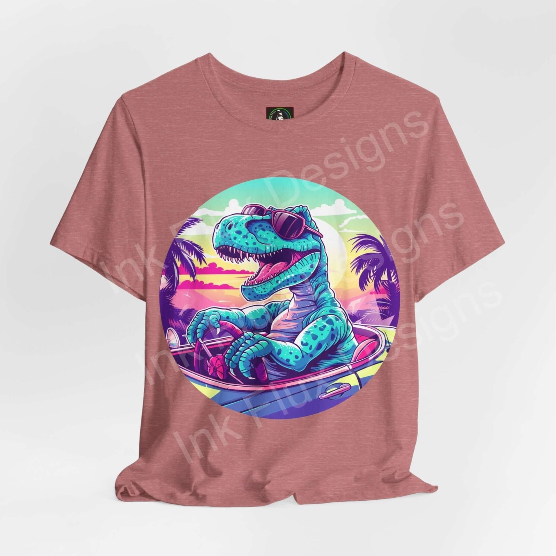 Unisex terracotta T-shirt with bold graphic of a cruising dinosaur in vibrant colors, perfect for stylish, casual wear.