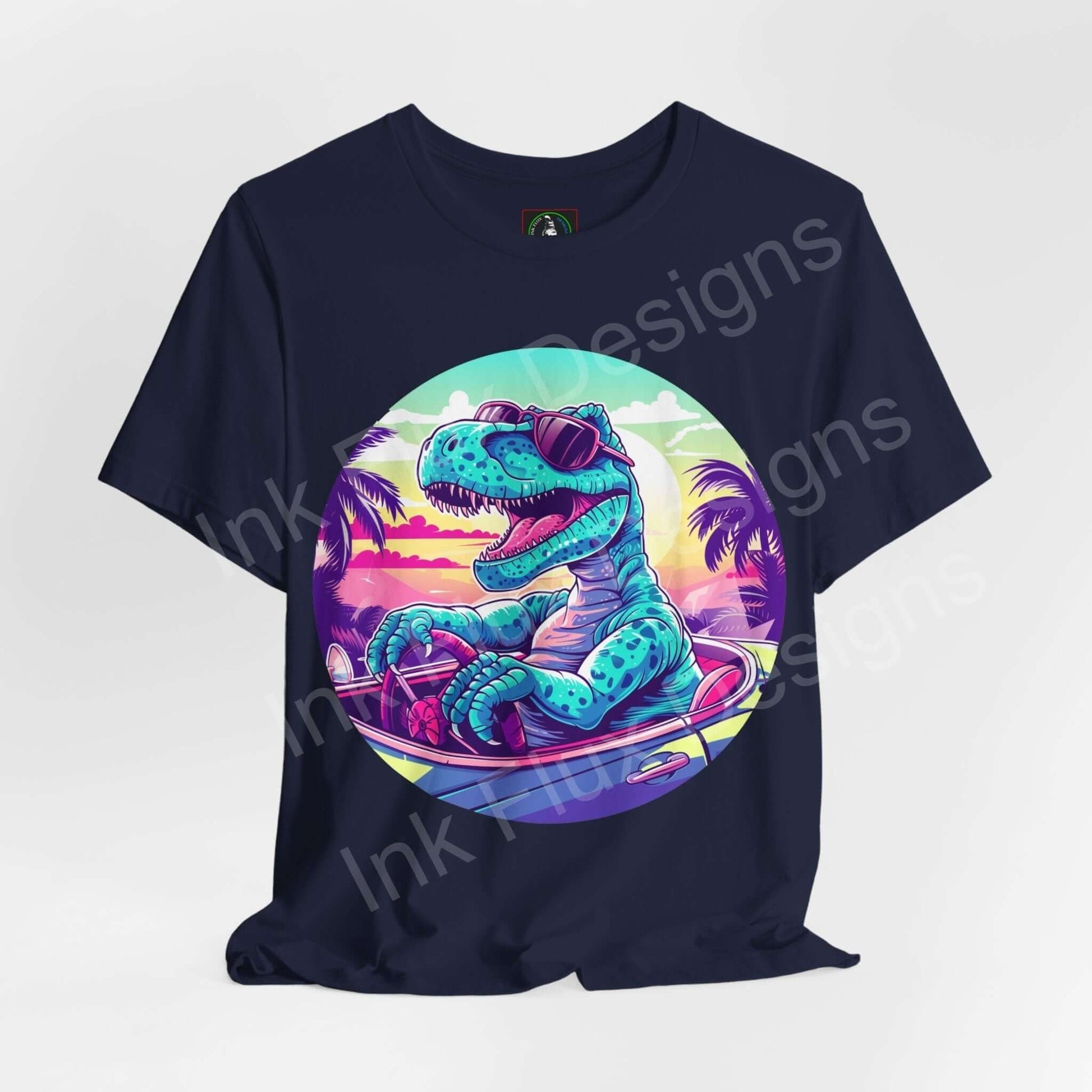 Graphic tee featuring a bold 'Cruising Dinosaur' design with vibrant colors on a navy T-shirt, ideal for T-shirts, Tees, and Graphic Tees enthusiasts.