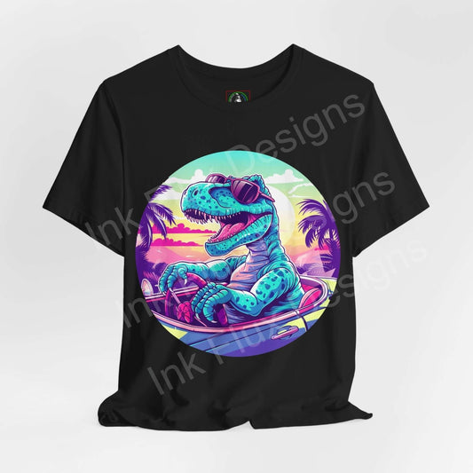Bold graphic tee featuring a vibrant Cruising Dinosaur design on a black unisex jersey T-shirt, with tropical sunset and palm trees.