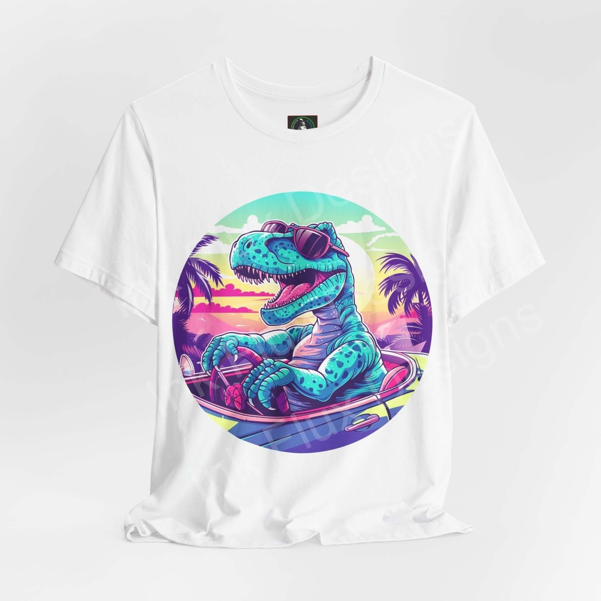 Unisex white jersey T-shirt featuring a vibrant 'Cruising Dinosaur' graphic with a T-Rex in a colorful, tropical sunset backdrop, perfect for any bold graphic tee enthusiast.