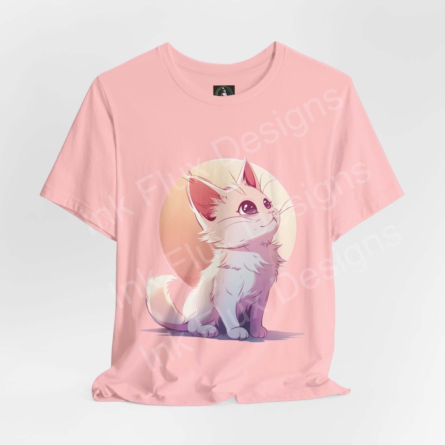 Cute Kitty graphic tee in pink featuring a cartoon of a whimsical cat, designed for style and comfort by Bella+Canvas.