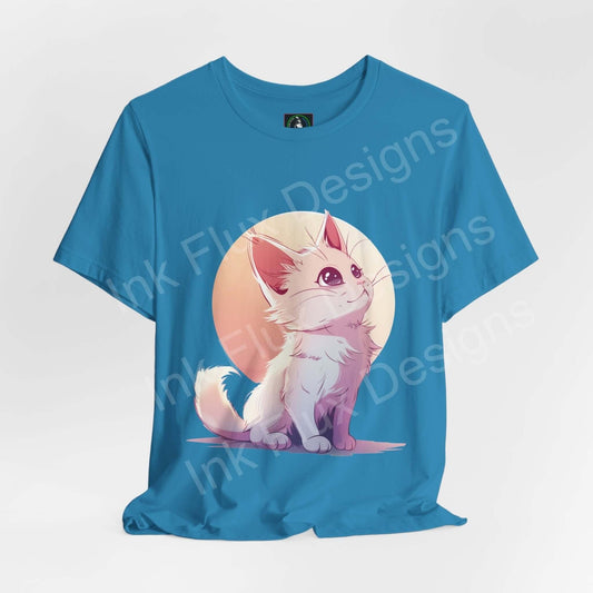 Blue unisex T-shirt featuring a cute kitty graphic, designed for comfort and style, perfect for cat lovers.