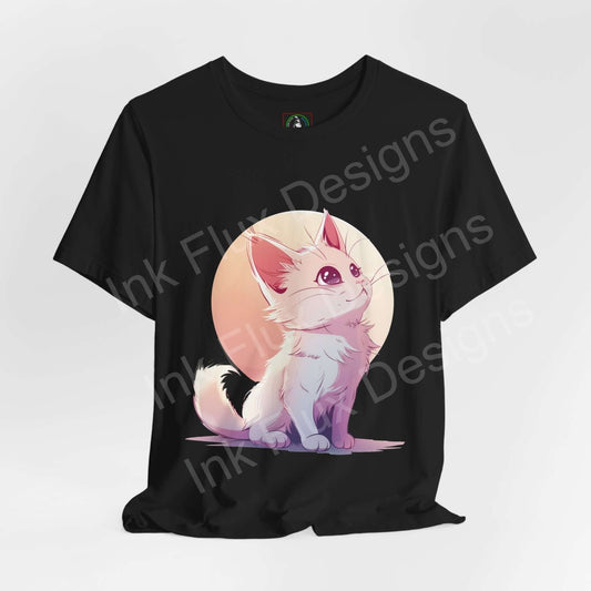Cute Kitty graphic tee featuring a whimsical cat design on a black unisex T-shirt, ideal for cat enthusiasts and lovers of casual, stylish wear.