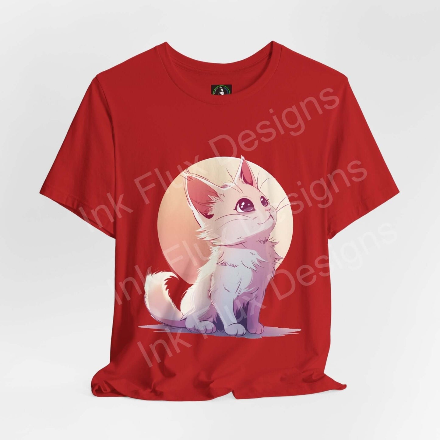 Red graphic tee featuring an adorable white kitten illustration, ideal for cat lovers seeking stylish, comfortable shirts.