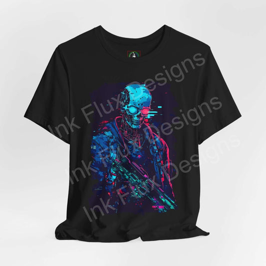 Black unisex T-shirt featuring a vibrant cyberpunk skeleton graphic in neon blues and pinks, ideal for fans of graphic tees and cyberpunk style.