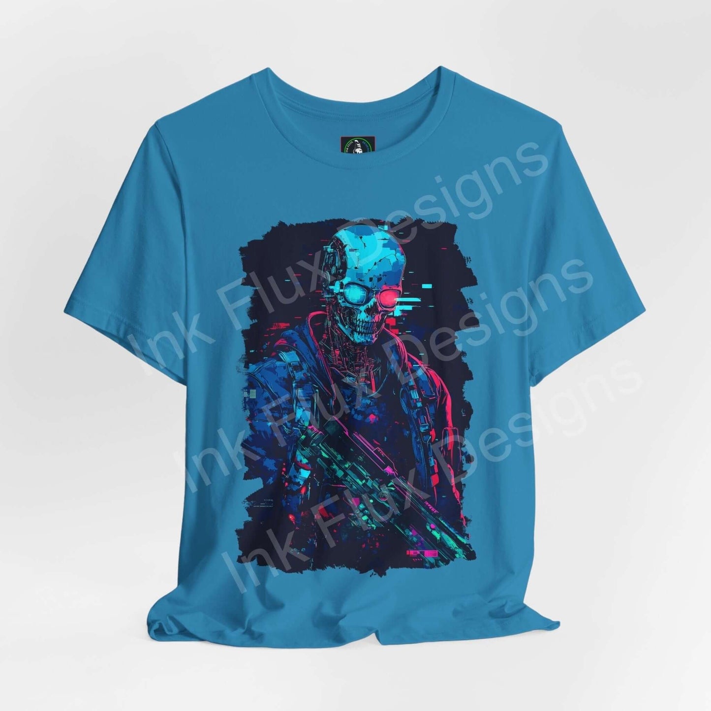 Cyberpunk graphic tee featuring a vibrant skeleton design on a blue unisex T-shirt, ideal for fans of unique and stylish graphic tees.