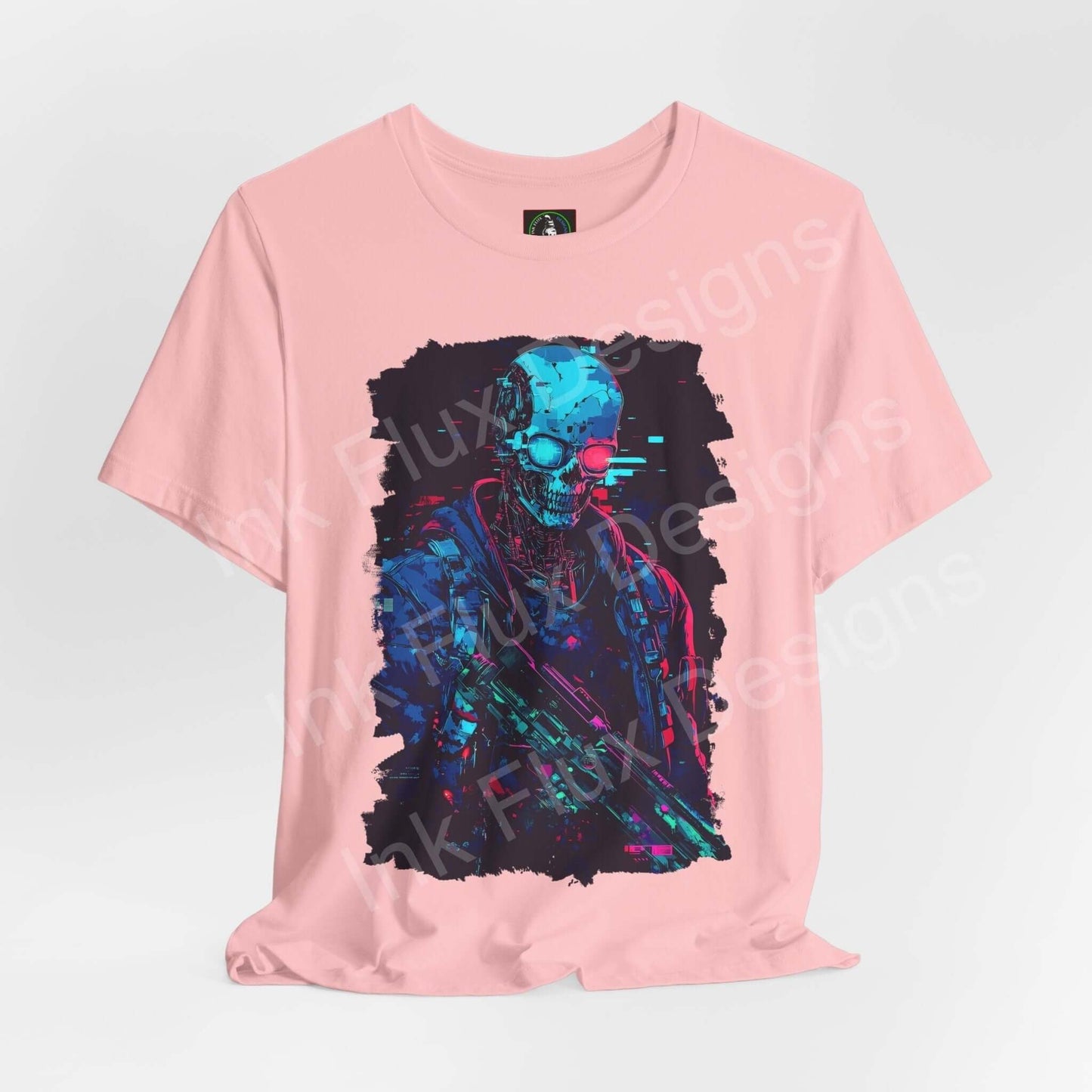 Pink unisex T-shirt featuring cyberpunk skeleton graphic in vibrant colors, ideal for fans of graphic tees and urban style.