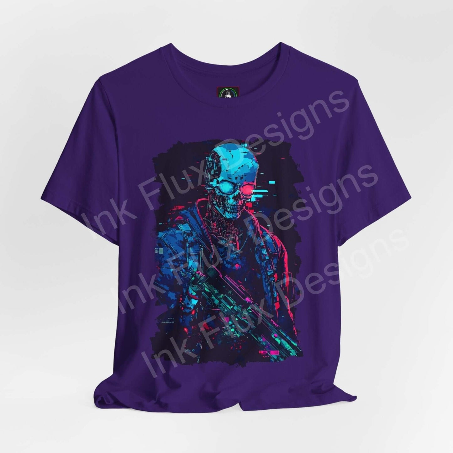 Cyberpunk graphic tee featuring a vibrant skeleton design on purple Airlume cotton, ideal for stylish comfort and sustainability.