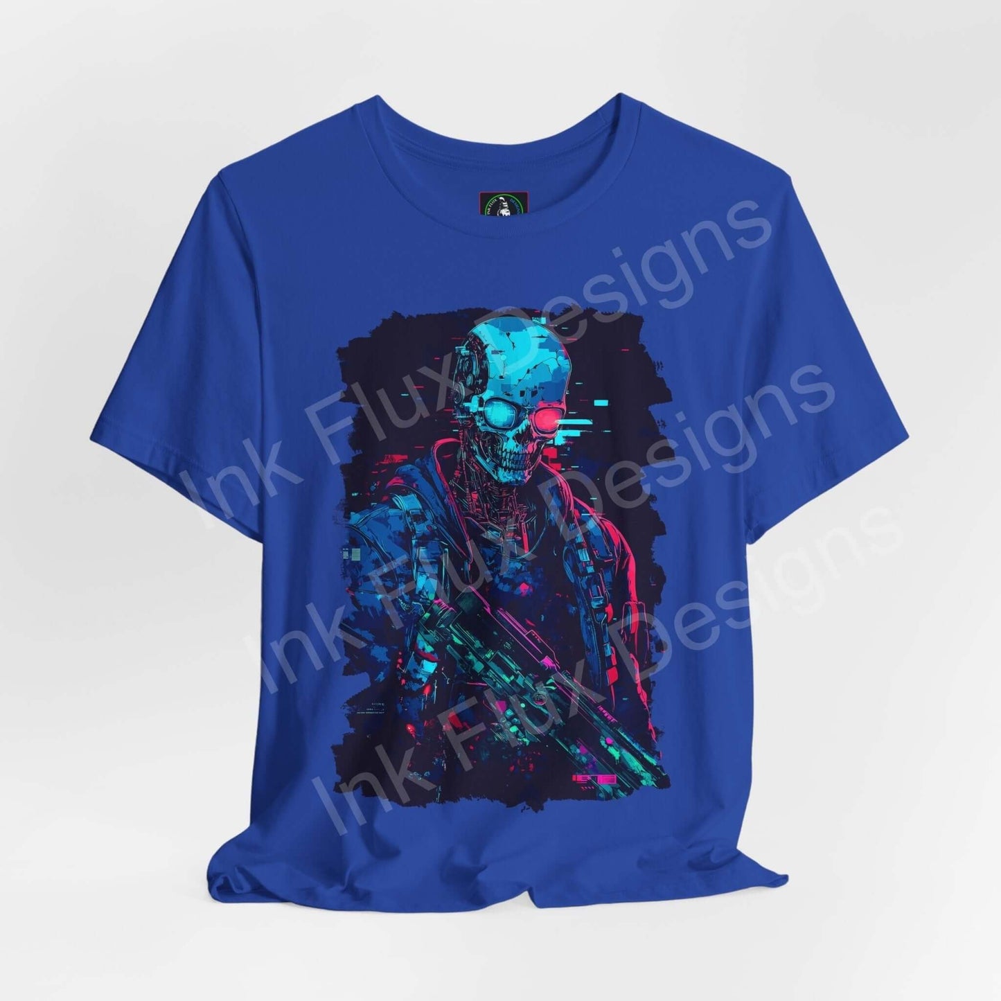 Blue unisex Cyber Skeleton graphic tee with vibrant cyberpunk design, featuring a stylized skeleton in neon colors, perfect for T-shirt collectors and enthusiasts.