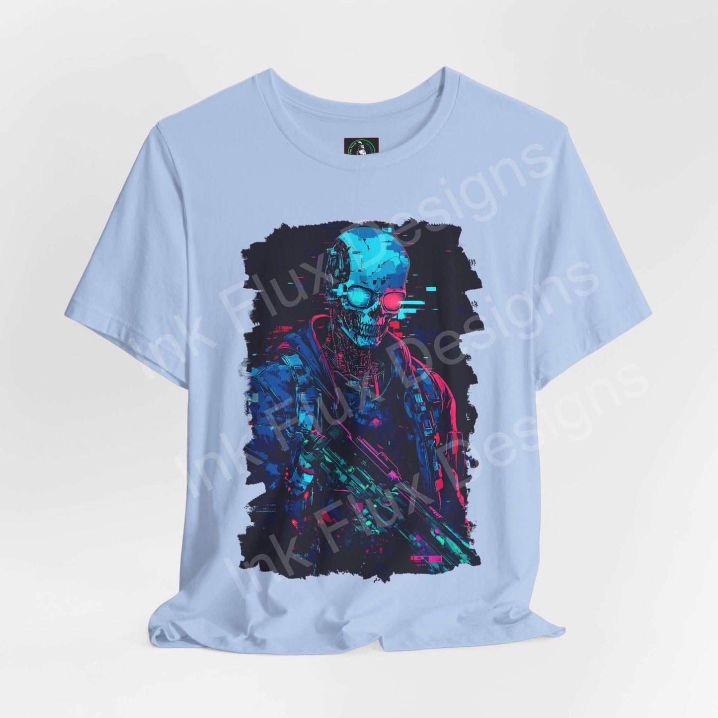 Light blue Cyber Skeleton graphic tee featuring a vibrant cyberpunk-style skull design in neon colors, perfect for fans of unique, ethically made T-shirts.