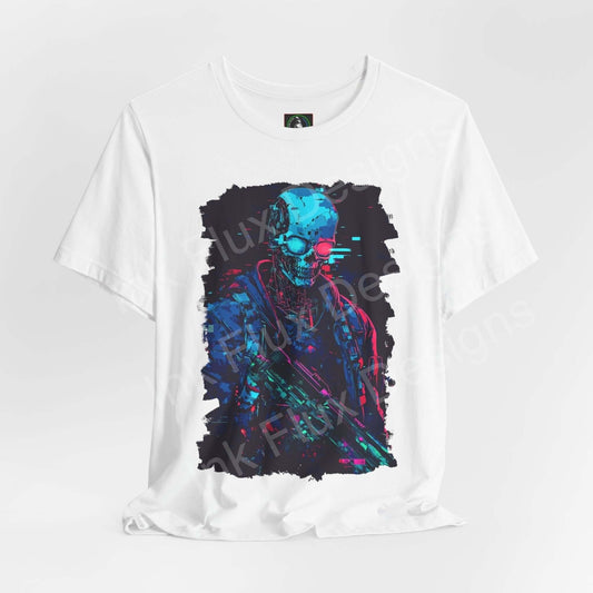White unisex jersey t-shirt featuring a vibrant, cyberpunk-inspired skeleton graphic in neon blue and pink tones, crafted by Bella+Canvas.