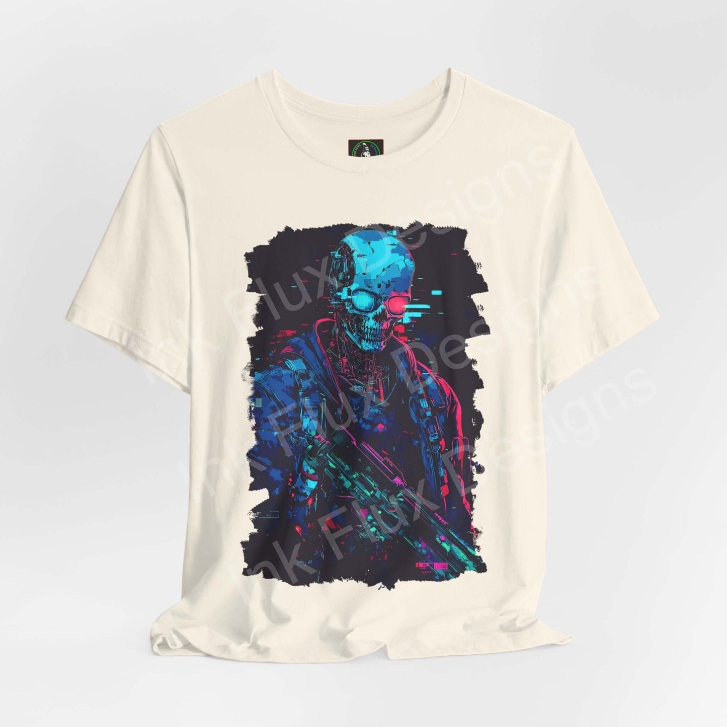 Unisex ivory T-shirt featuring a vibrant Cyberpunk skeleton graphic, from Bella+Canvas, ideal for fans of graphic tees.