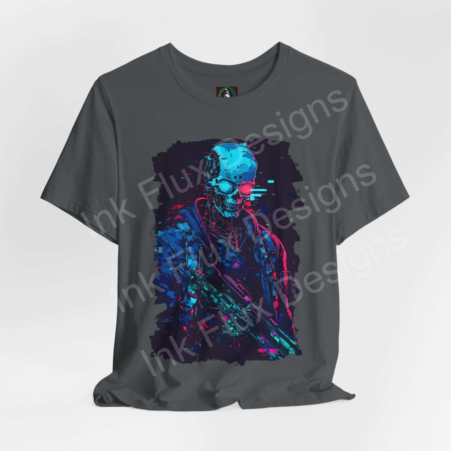 Cyberpunk graphic tee featuring a colorful cyber skeleton design on a gray unisex T-shirt, showcasing unique, edgy style.