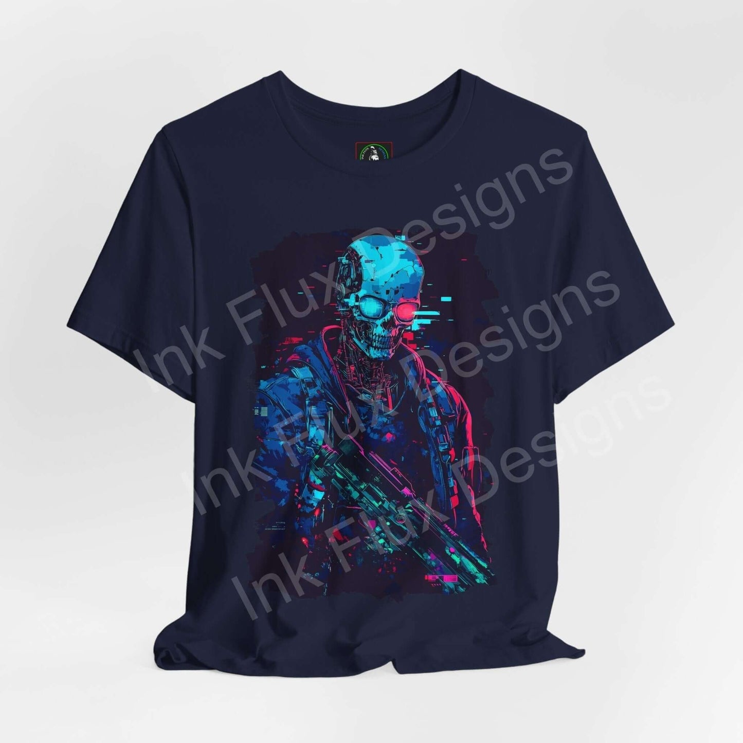Cyberpunk-themed graphic tee featuring a vibrant cyber skeleton design on a dark navy unisex jersey T-shirt by Bella+Canvas.