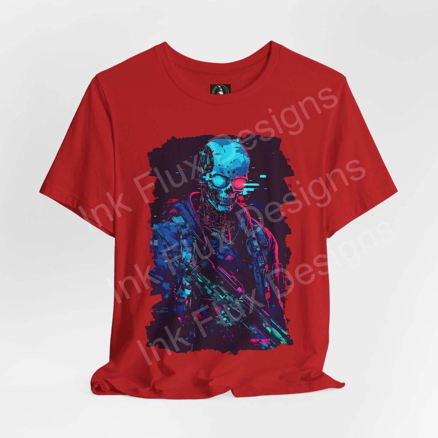 Cyberpunk-inspired graphic tee featuring a colorful skeleton design on a red unisex jersey T-shirt by Bella+Canvas, showcasing style and sustainability.