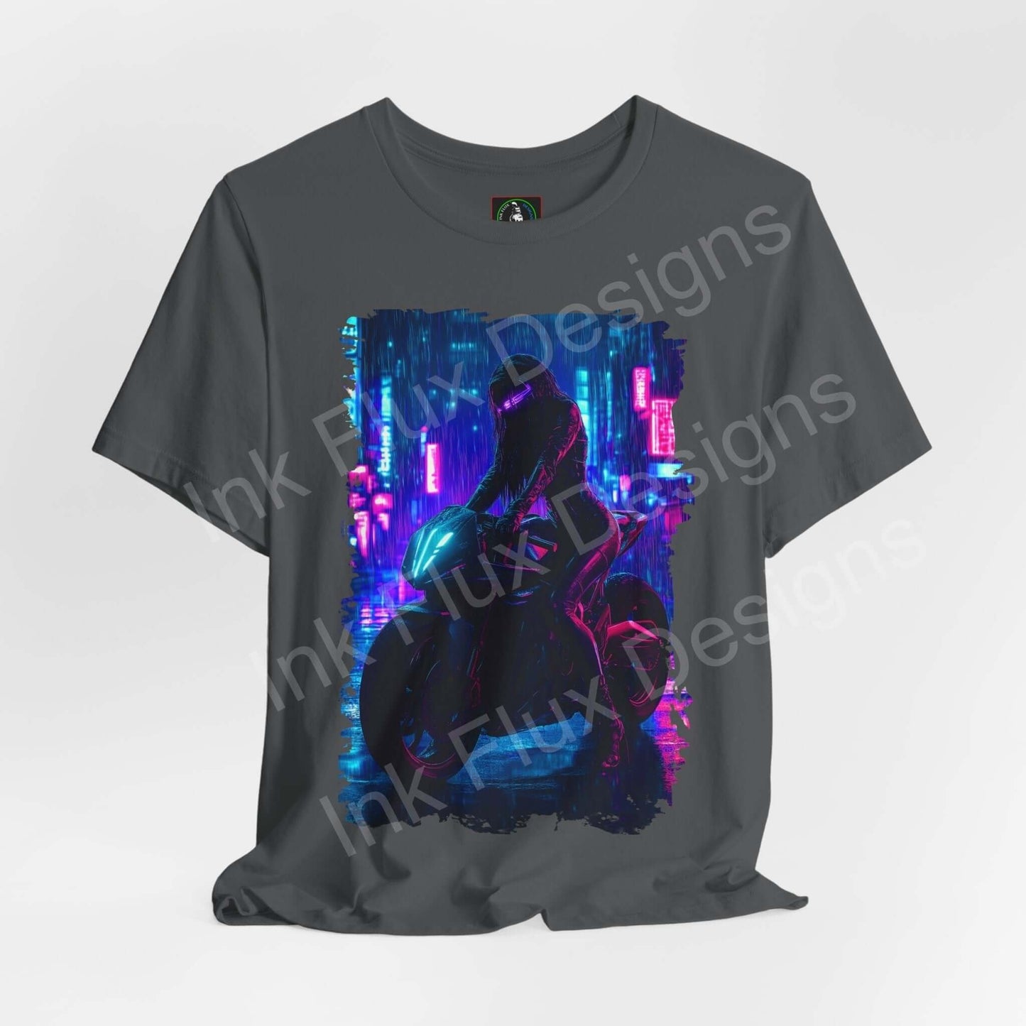 Cyberpunk themed graphic tee featuring a futuristic bike design in vibrant neon colors on a gray unisex T-shirt by Bella+Canvas.