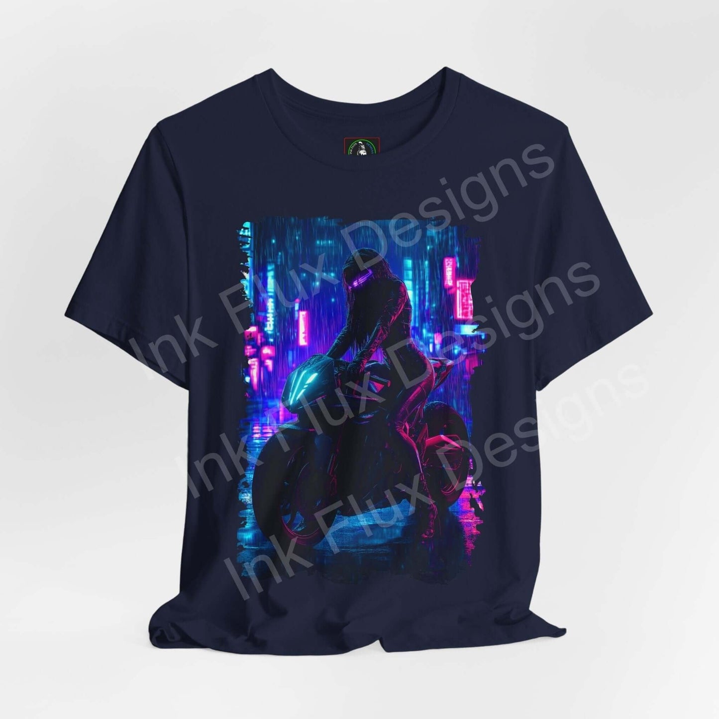 Cyberpunk themed graphic tee featuring a futuristic bike design on a dark blue shirt, ideal for fans of cyberpunk style and graphic tees.