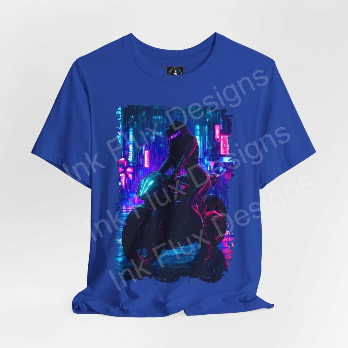 Blue unisex Cyberpunk T-shirt featuring a vibrant graphic of a motorbike in a neon-lit cityscape, crafted from sustainable Airlume cotton.