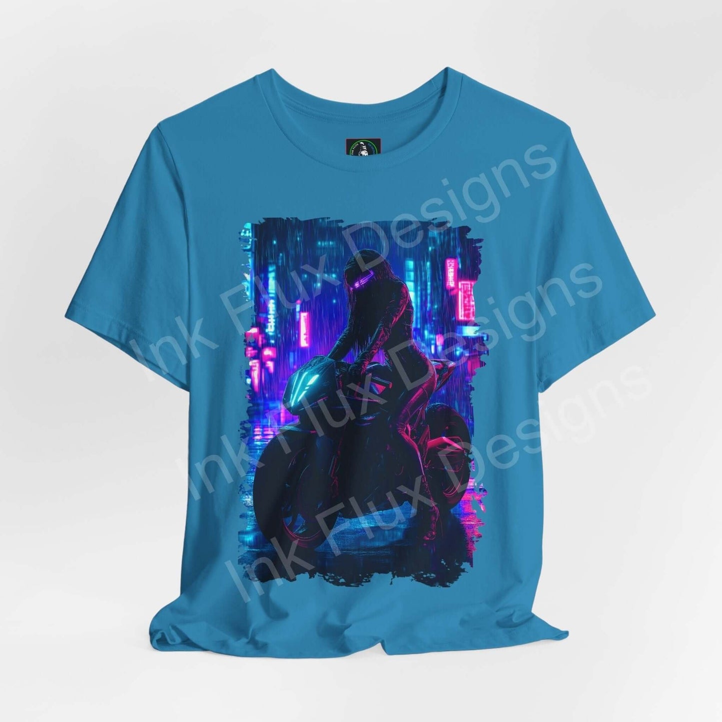 Cyberpunk graphic tee in blue featuring futuristic bike and cityscape design, stylish unisex T-shirt from Bella+Canvas
