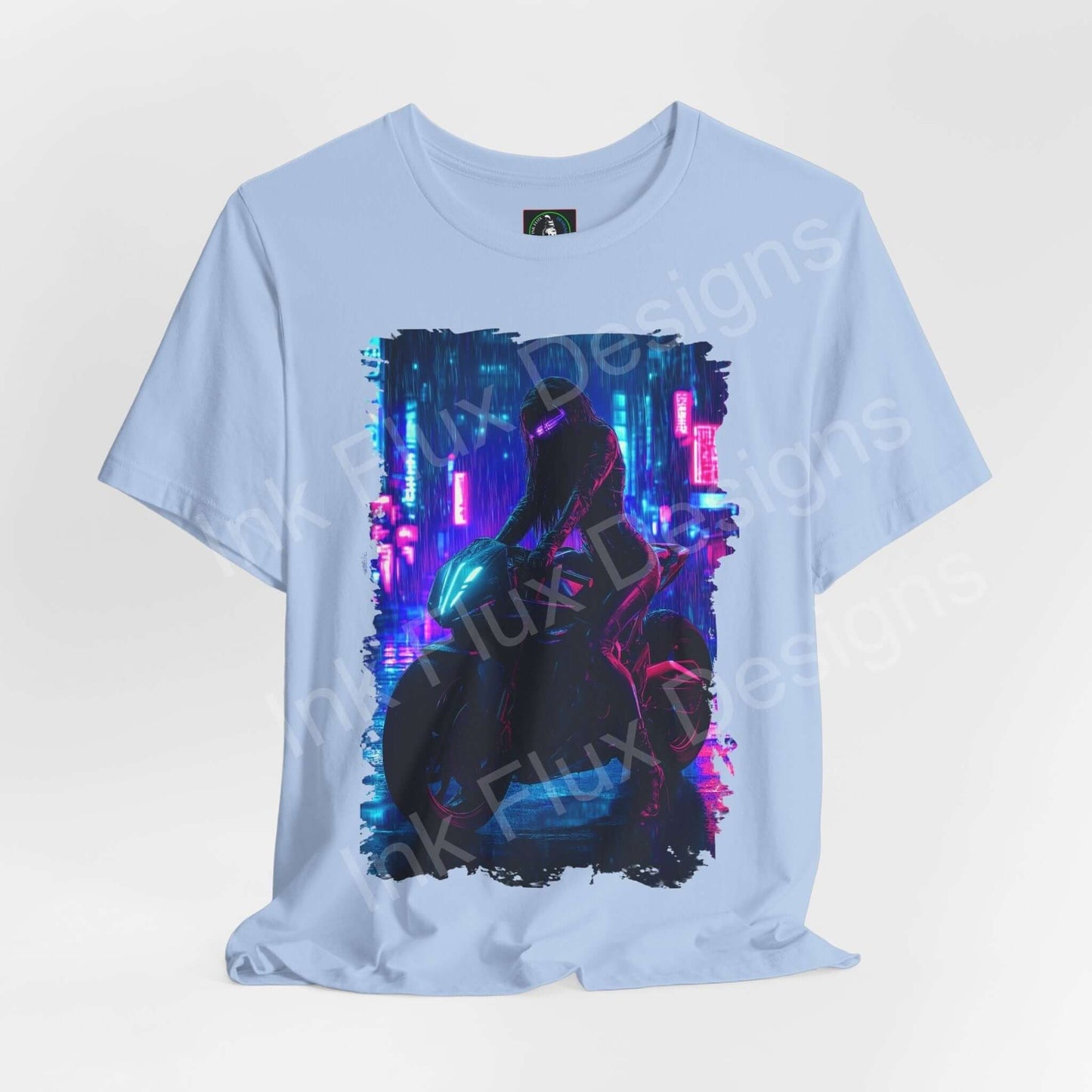Cyberpunk-themed graphic tee featuring a futuristic bike design in vibrant neon colors on a light blue T-shirt.