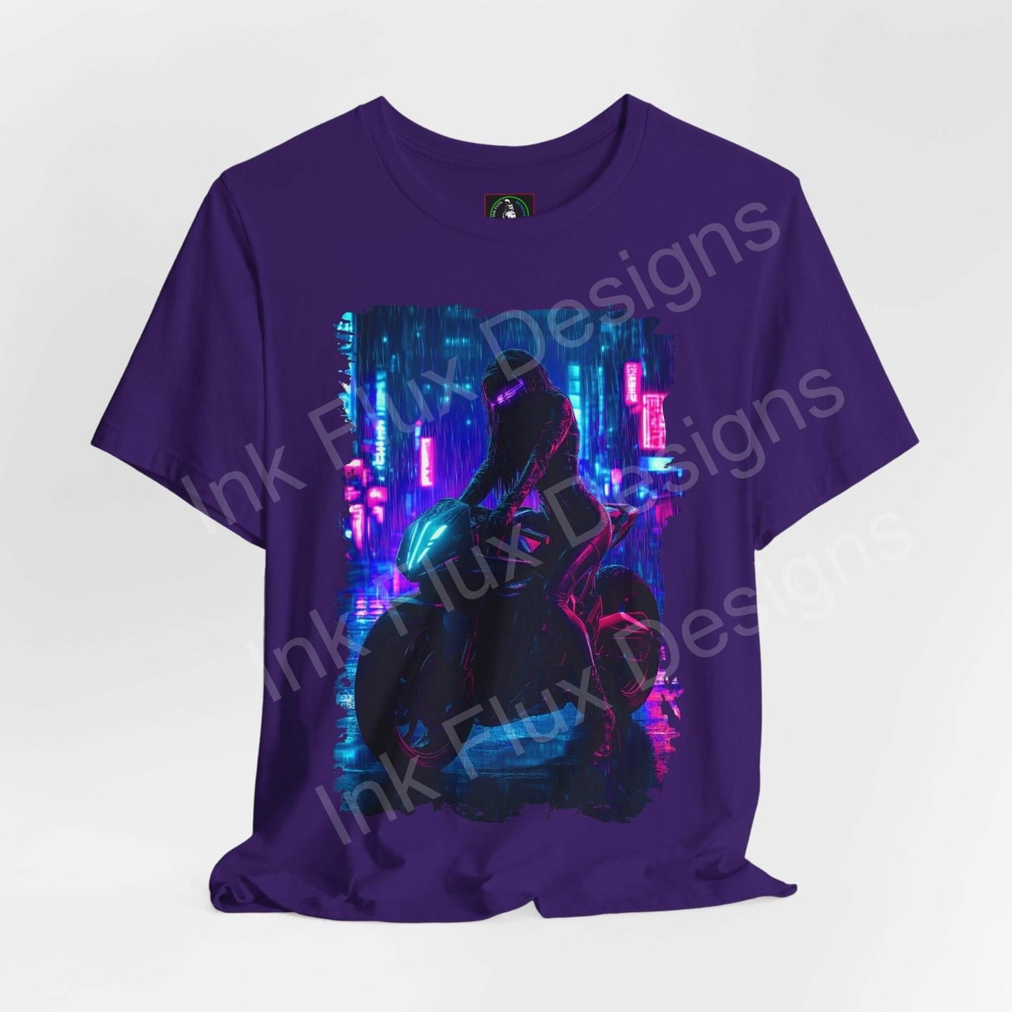 Cyberpunk themed graphic tee featuring a futuristic bike design on a purple unisex T-shirt by Bella+Canvas.