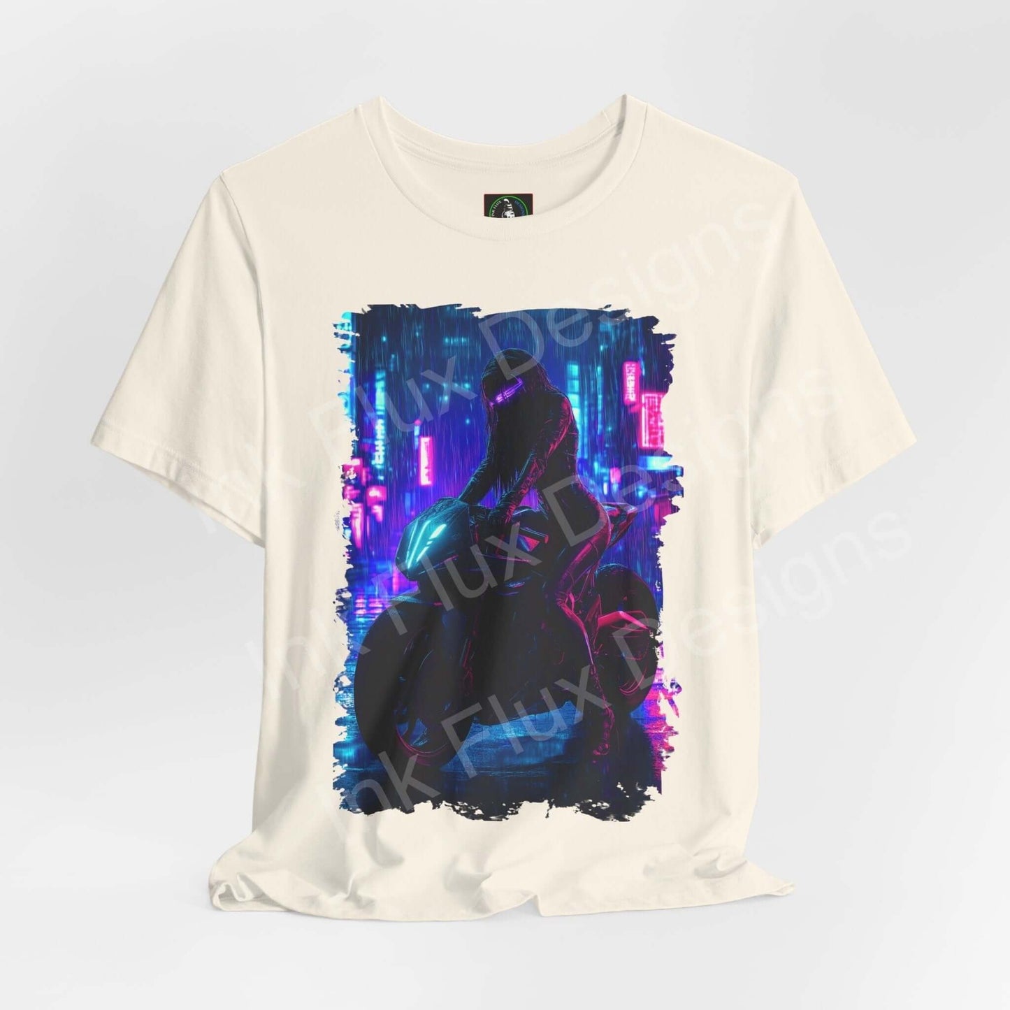 Cyberpunk graphic tee featuring a futuristic bike design in neon blues and purples on a cream-colored unisex T-shirt, showcasing a ribbed collar and tapered shoulders.