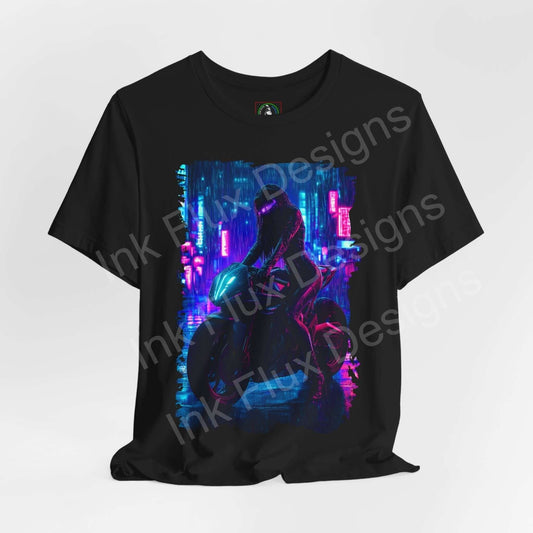 Cyberpunk graphic tee featuring a vibrant print of a futuristic bike against a neon cityscape, unisex black T-shirt design by Ink Fury Designs.