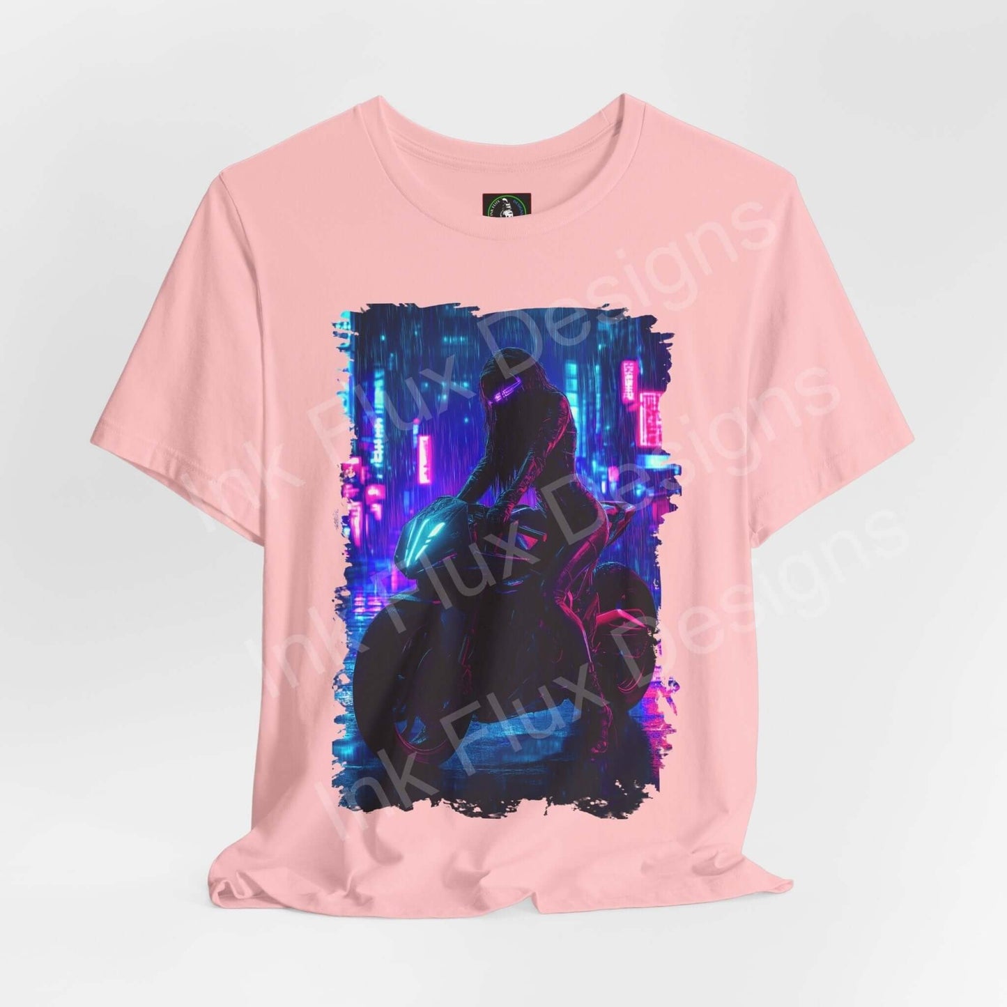 Pink unisex T-shirt featuring a vibrant cyberpunk graphic design with neon blues and purples, crafted from soft Airlume cotton.
