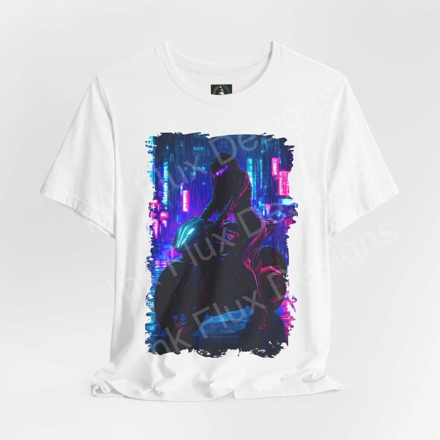 Cyberpunk graphic tee featuring a neon-lit futuristic design on a white unisex jersey T-shirt, perfect for stylish comfort.
