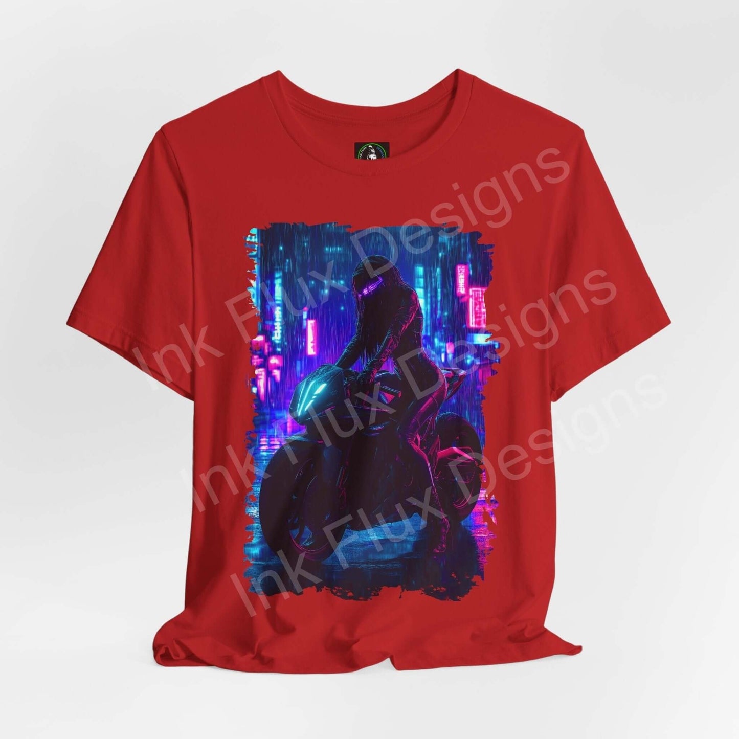 Red unisex Cyberpunk graphic tee featuring a stylized futuristic bike design, ideal for fans of unique, themed apparel.