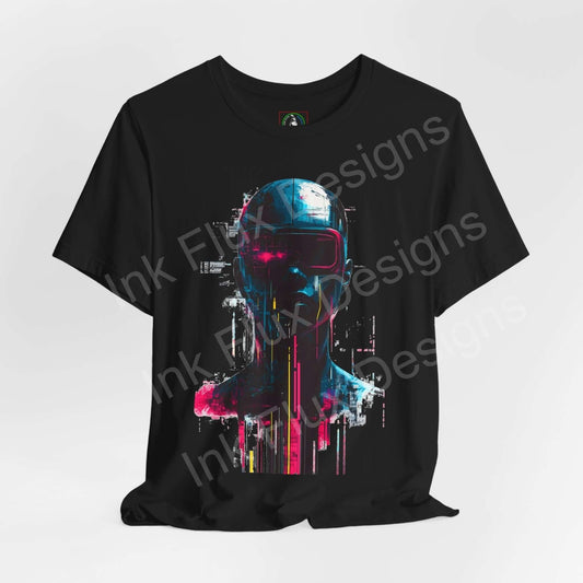 Cyberpunk graphic tee featuring a vibrant, colorful helmet design on a black unisex T-shirt, highlighting modern, artistic apparel.