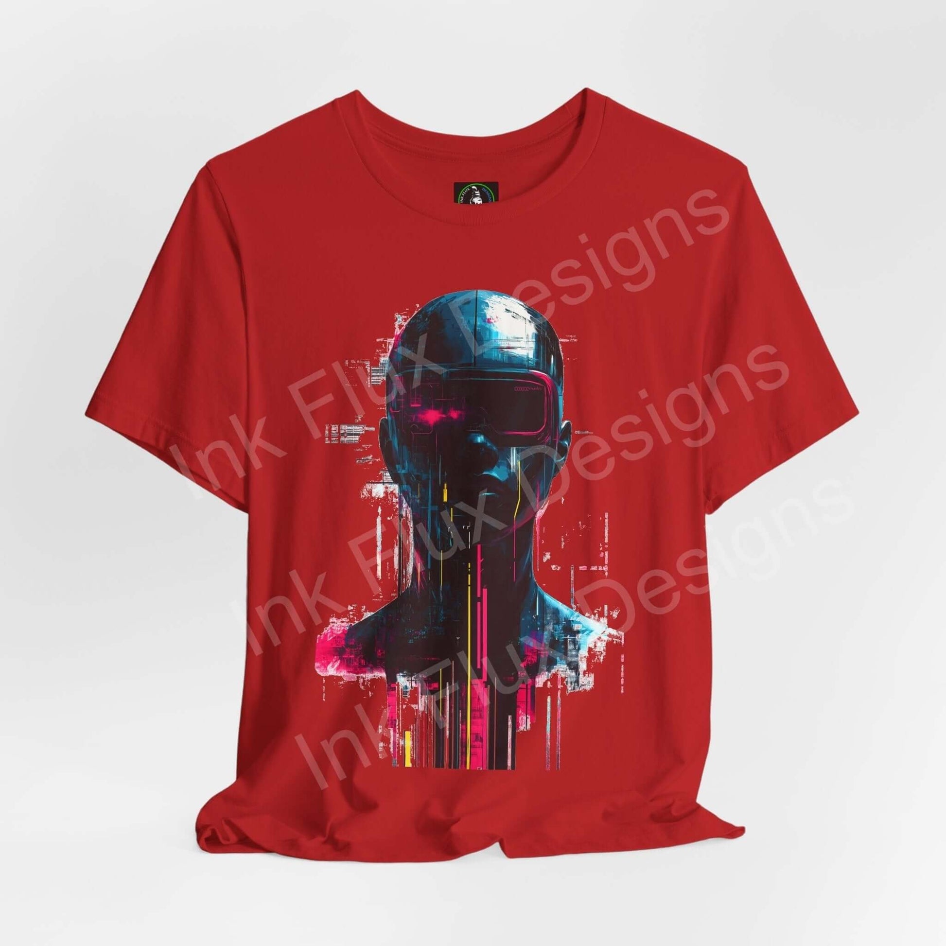 Red unisex graphic tee featuring a vibrant cyberpunk portrait design, made from breathable cotton, ideal for style and comfort.